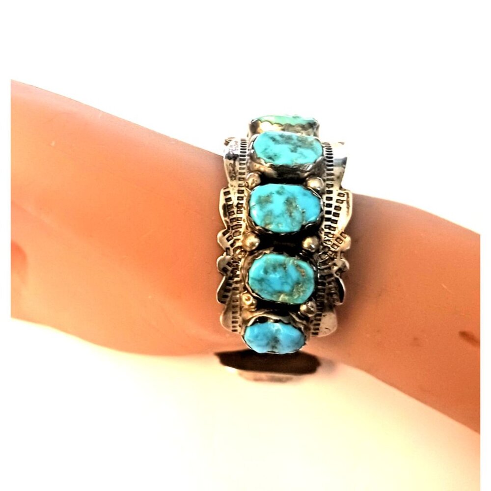 Vntg Signed Zuni 9pc Turquoise Watch Cuff Sterling 59g  (1585) - Picture 4 of 16
